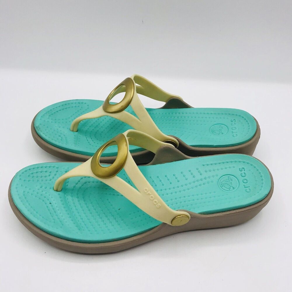 Crocs Women’s Sanrah Cream Mint Green Wedge Flip Flop Sandals Festival, Size 6 - Picture 3 of 6